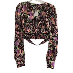 AFRM Women's XS Floral Blouse with Ruffle Accents Long Sleeve